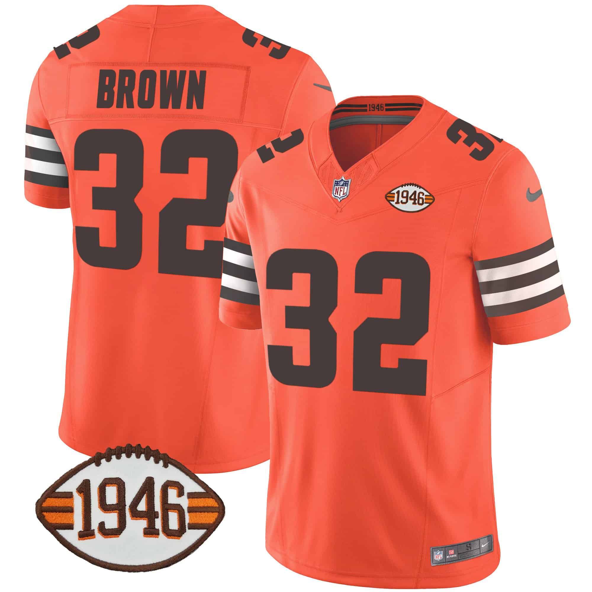 Men Cleveland Browns #32 Brown Orange 1946 75th Anniversary Patch 2024 Nike NFL Jersey